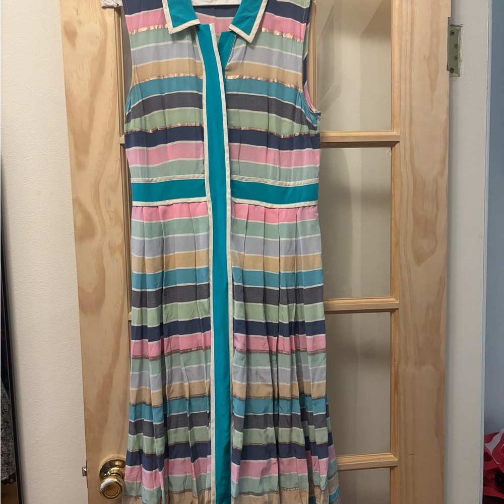 Tracy Reese Sleeveless Striped Midi Dress in Teal, Pink, Cream & Navy